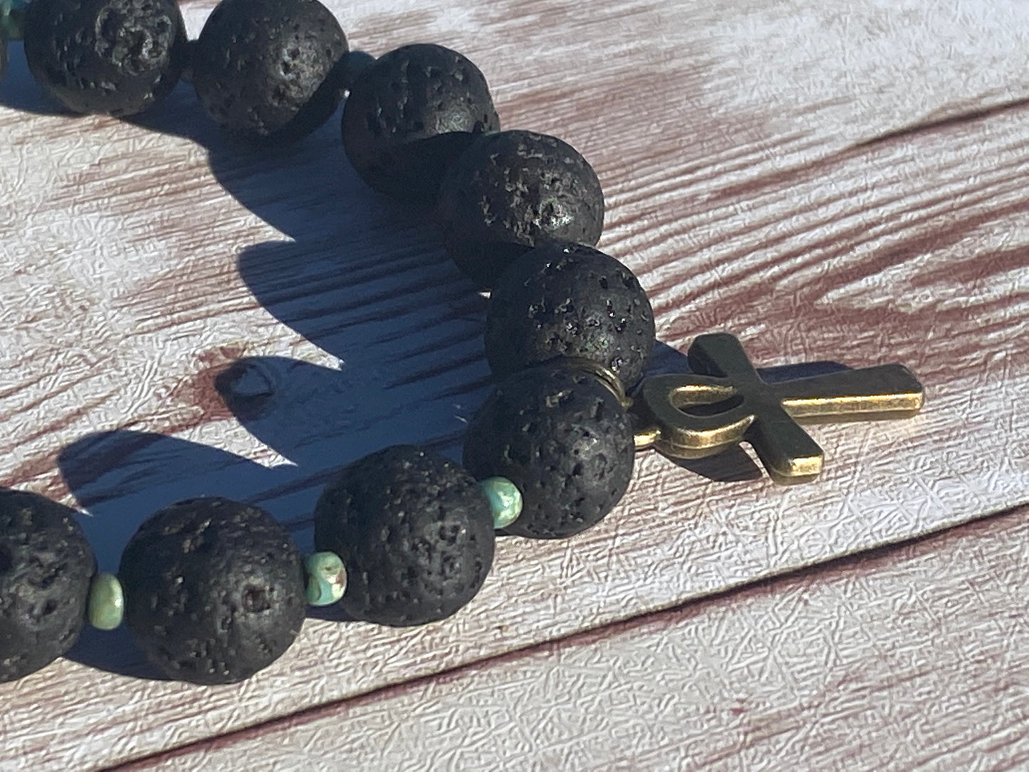 Turquoise and Ankh Lava Stone Bracelet
